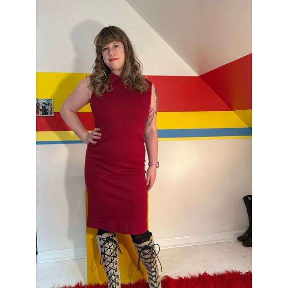1960s 60s vintage burgundy wool shift dress midi wiggle dress mod red large - Picture 2 of 5